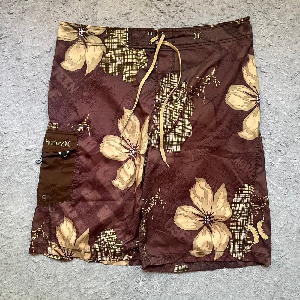 Hurley Y2K Board Shorts Mens 36 Brown Floral Cargo Pocket Grunge Surfwear